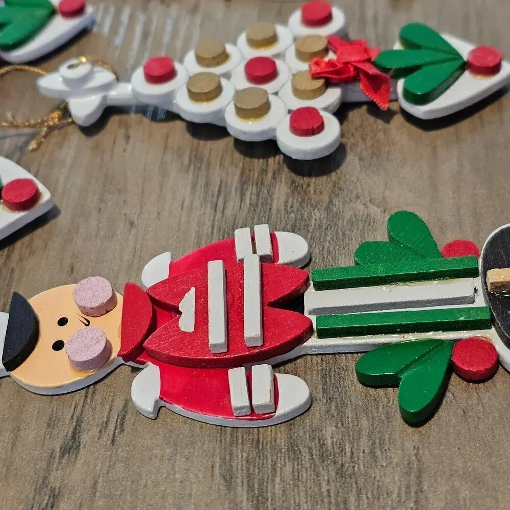 Vintage Wooden Christmas Ornaments 80s Nutcrackers Christmas Trees Hand Painted